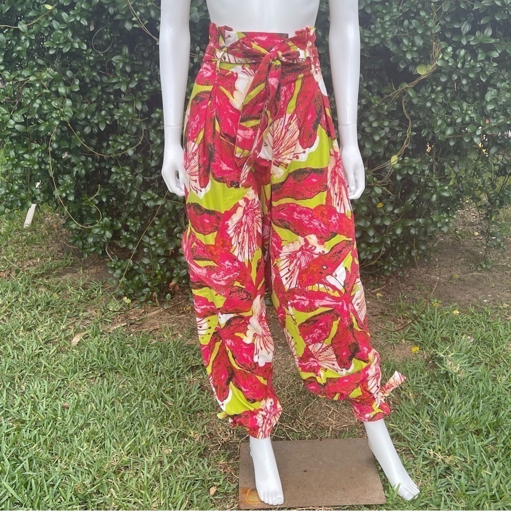 Ashley Stewart Boho Trop Print Wide Leg Ankle Puddle Hem Bag Waist Pants
